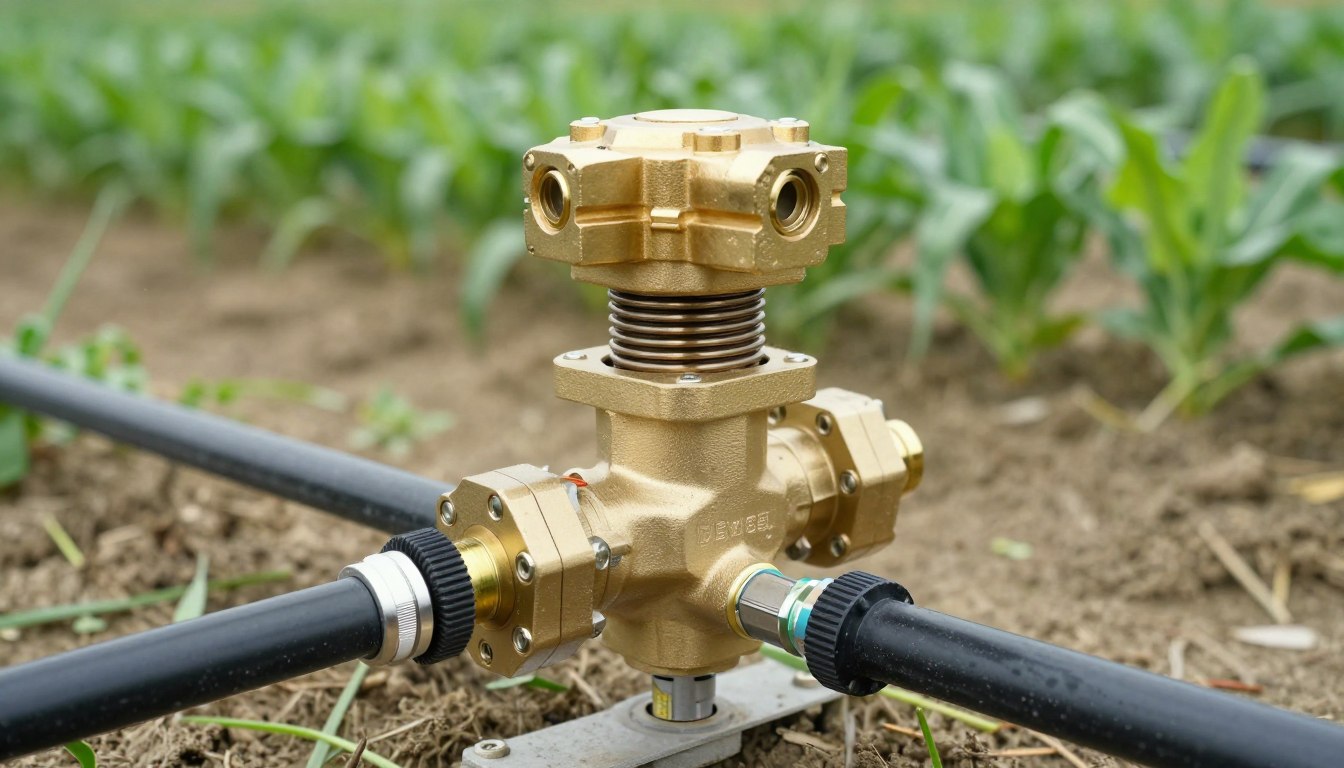 Électrovanne hydraulique 12V montée sur système d'irrigation agricole moderne
