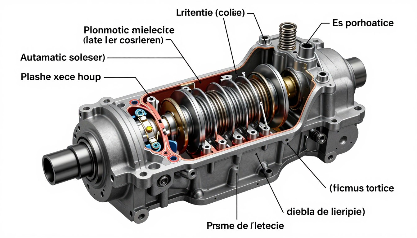 Schéma détaillé électrovanne boite automatique montrant corps valve, bobine solénoïde et connexions hydrauliques