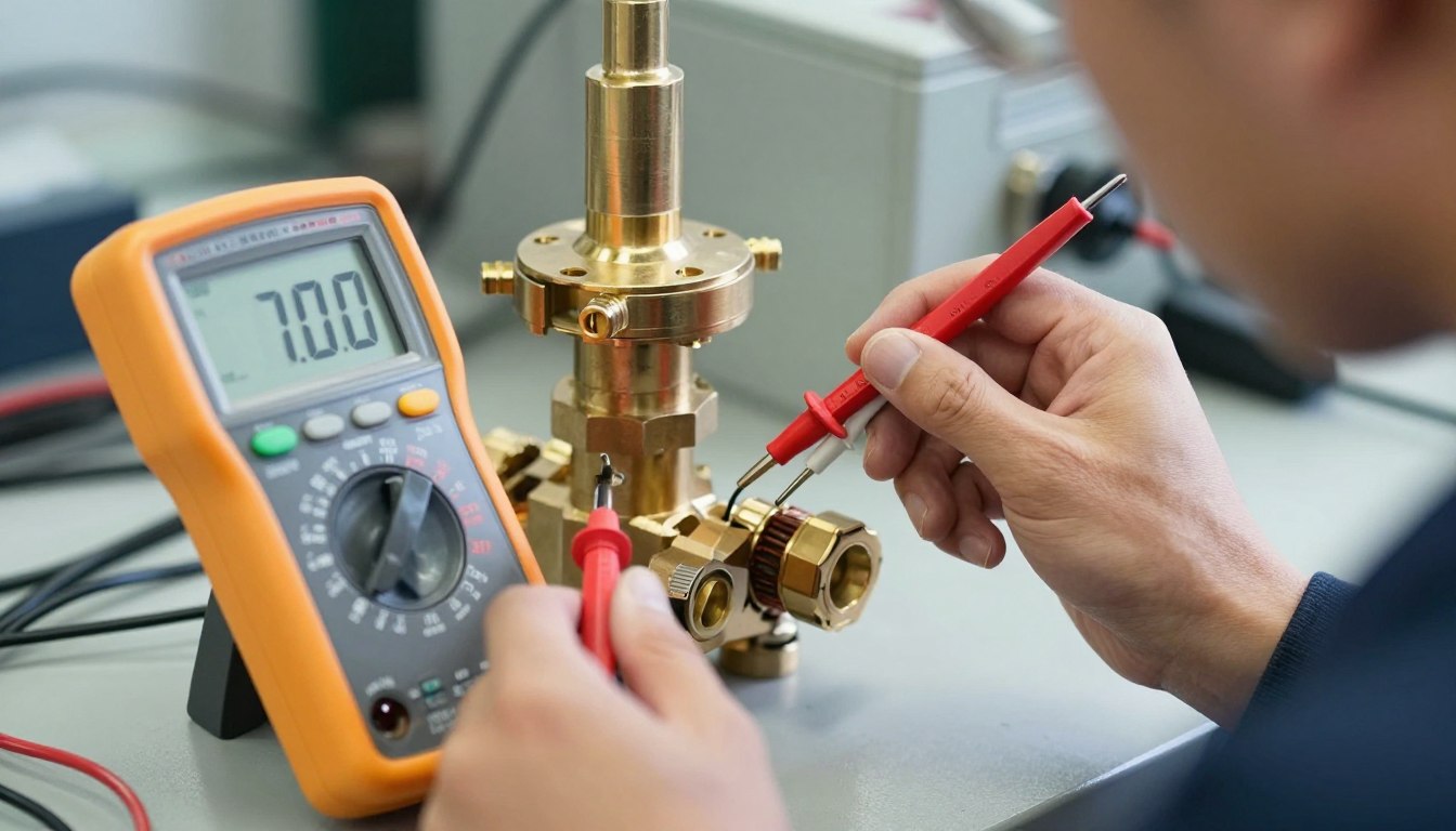 Technicien testant une électrovanne hydraulique avec multimètre dans un atelier industriel