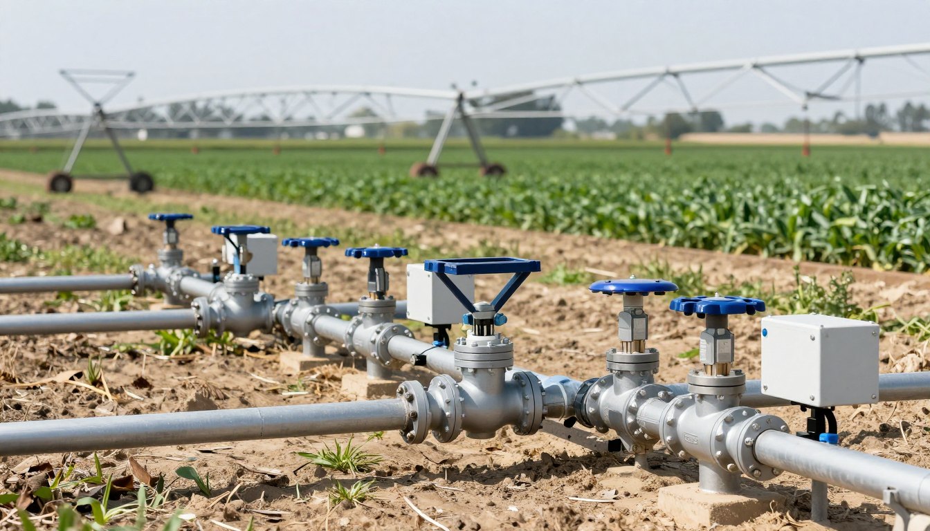 système d'irrigation agricole moderne avec électrovannes installées sur réseau de distribution d'eau