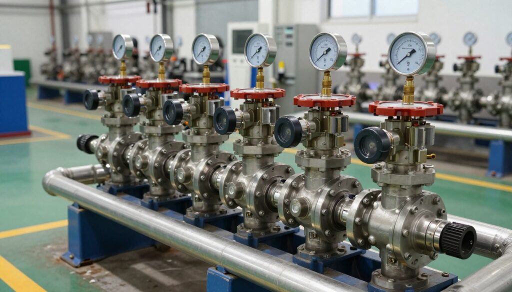 Banc de vannes électriques hydrauliques montées sur manifold industriel avec manomètres Banc de vannes électriques hydrauliques montées sur manifold industriel avec manomètres