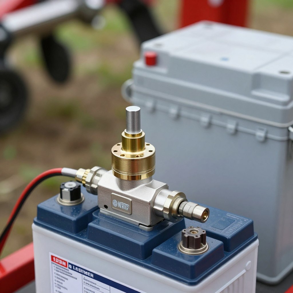 Batterie 12V connectée à une électrovanne hydraulique dans un contexte agricole