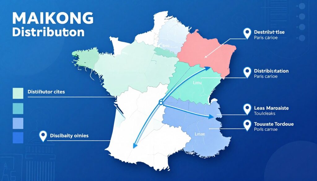 Carte de France montrant réseau de distribution MAIKONG avec zones de couverture et points de contact distributeurs Carte de France montrant réseau de distribution MAIKONG avec zones de couverture et points de contact distributeurs