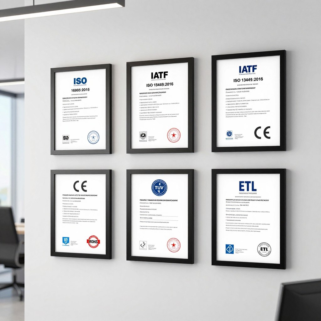 Certificats ISO 9001, IATF 16949, ISO 13485, CE, TUV affichés sur mur d'entreprise
