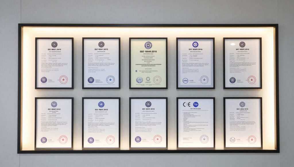 Certificats ISO et CE affichés dans l'usine MAIKONG