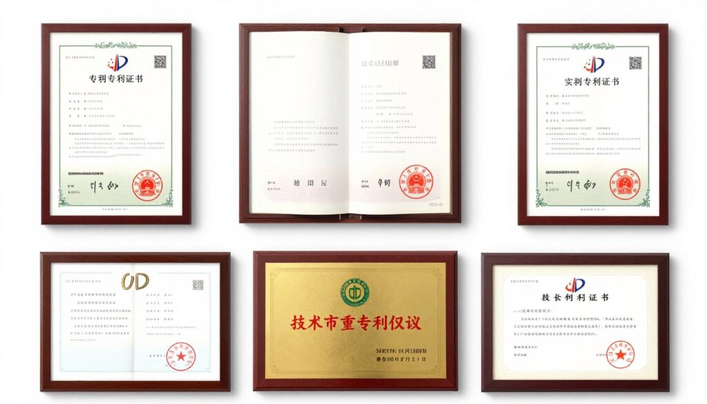 Certificats de brevets et innovations techniques MAIKONG affichés
