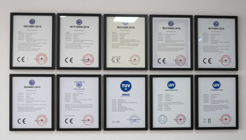 Certificats qualité MAIKONG ISO9001 IATF16949 ISO13485 CE TUV RoHS affichés côte à côte Certificats qualité MAIKONG ISO9001 IATF16949 ISO13485 CE TUV RoHS affichés côte à côte