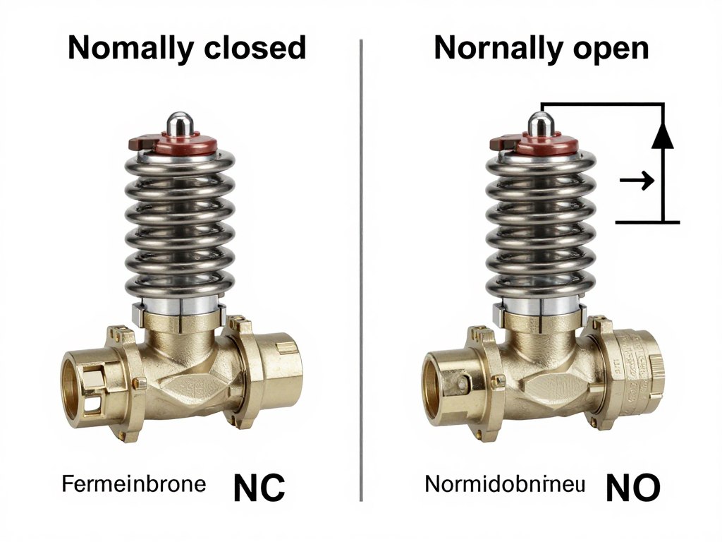 Comparaison visuelle entre électrovanne normalement fermée et normalement ouverte avec schémas de flux
