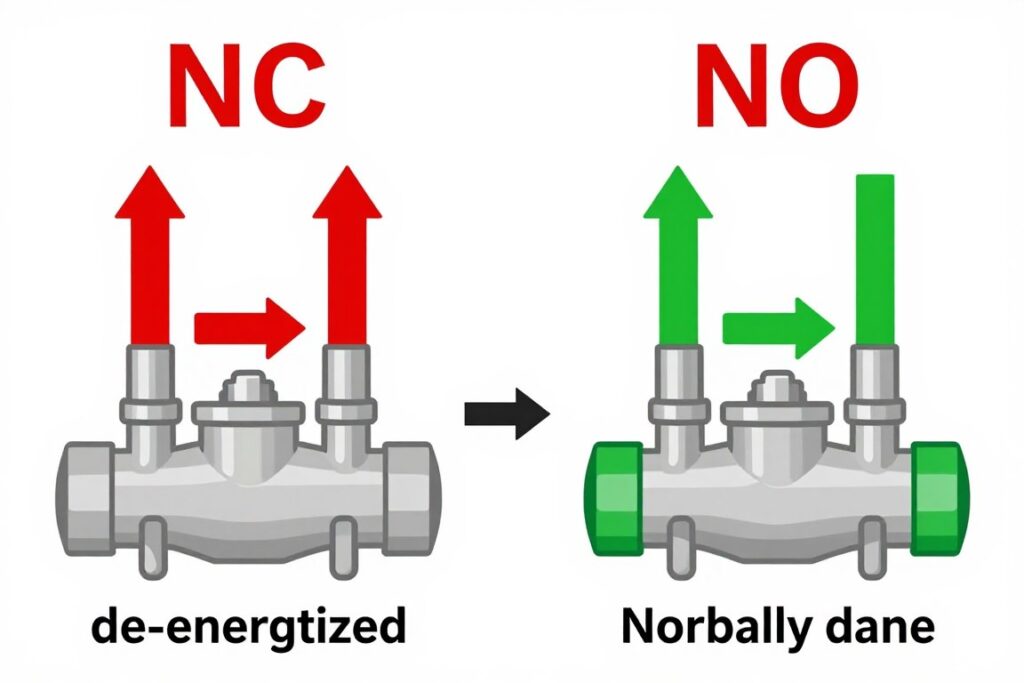 Comparaison visuelle entre vanne électrique normalement fermée et normalement ouverte en position repos et alimentée Comparaison visuelle entre vanne électrique normalement fermée et normalement ouverte en position repos et alimentée