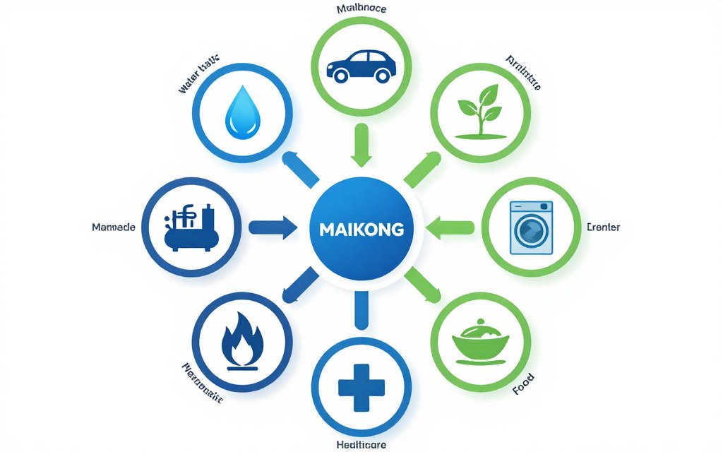 Diagramme radial montrant les différents secteurs d'application des électrovannes MAIKONG