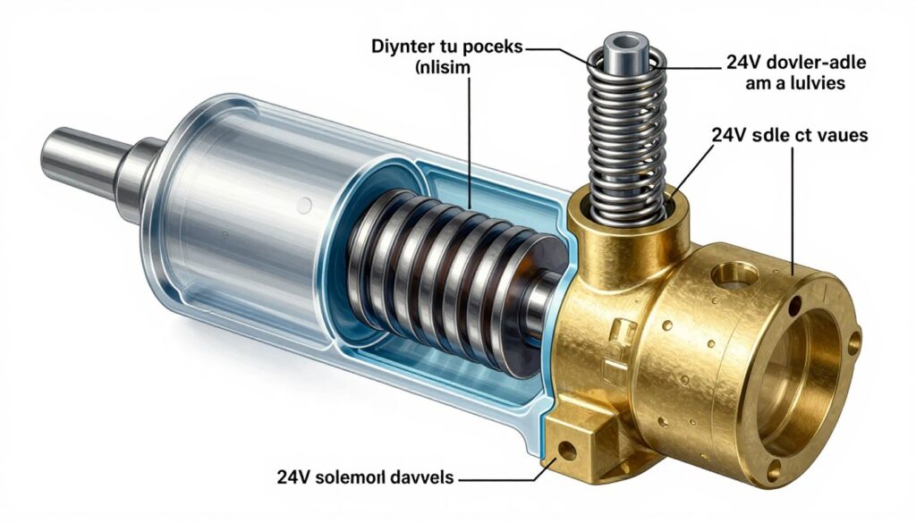 Électrovanne 24V coupe technique montrant diaphragme piston bobine