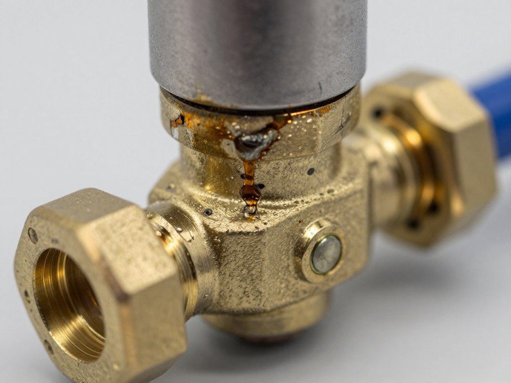 Électrovanne défectueuse montrant des signes de corrosion et fuite d'eau Électrovanne défectueuse montrant des signes de corrosion et fuite d'eau