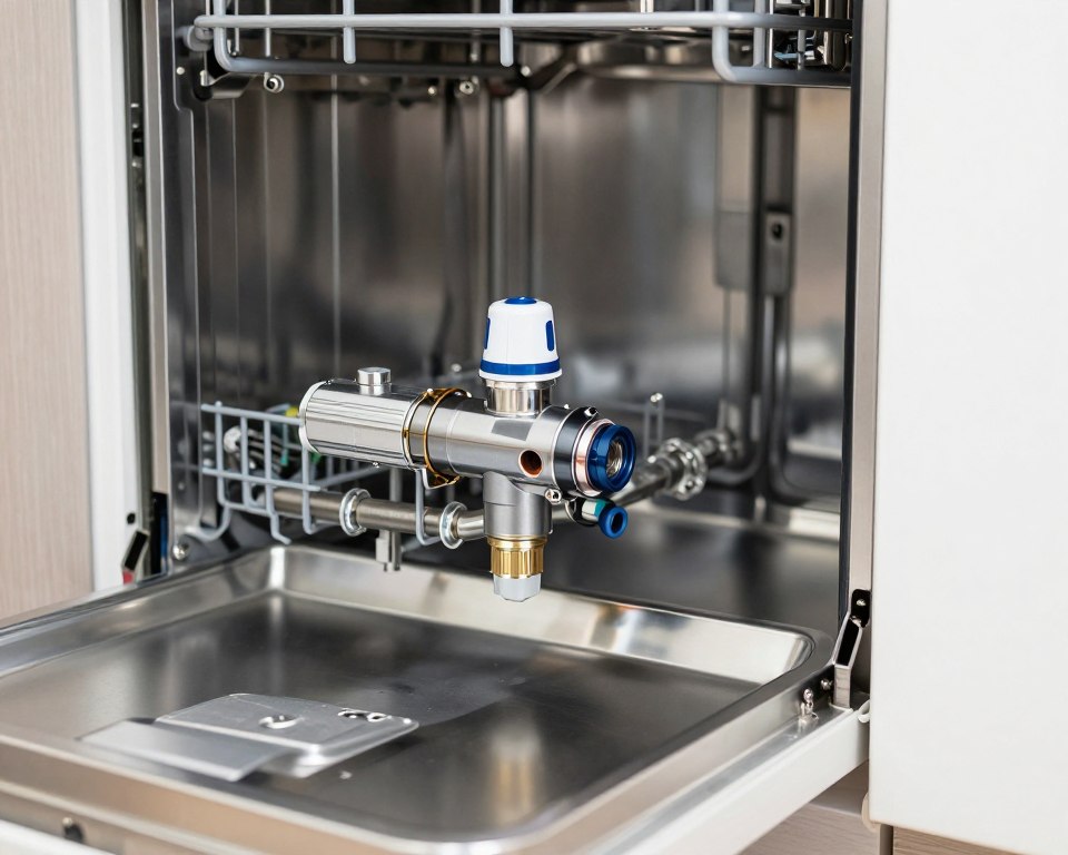 Électrovanne installée dans un lave-vaisselle professionnel avec tuyaux d'arrivée d'eau Électrovanne installée dans un lave-vaisselle professionnel avec tuyaux d'arrivée d'eau