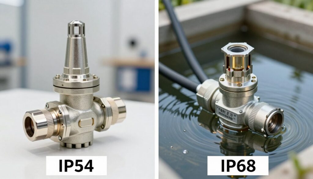 Électrovannes installées dans différents environnements montrant versions IP54 intérieure et IP68 submersible extérieure Électrovannes installées dans différents environnements montrant versions IP54 intérieure et IP68 submersible extérieure