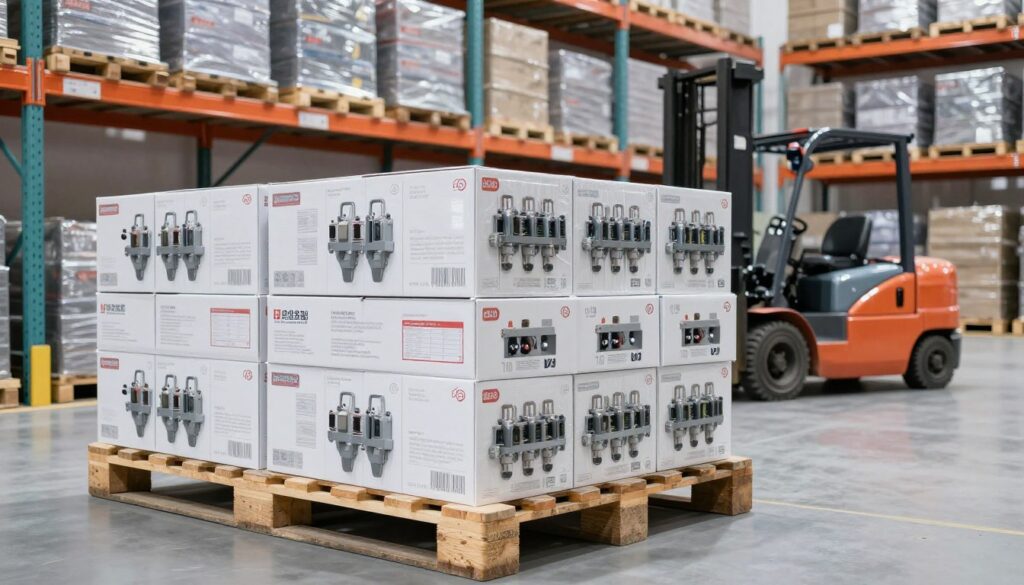 Entrepôt logistique avec palettes d'électrovannes