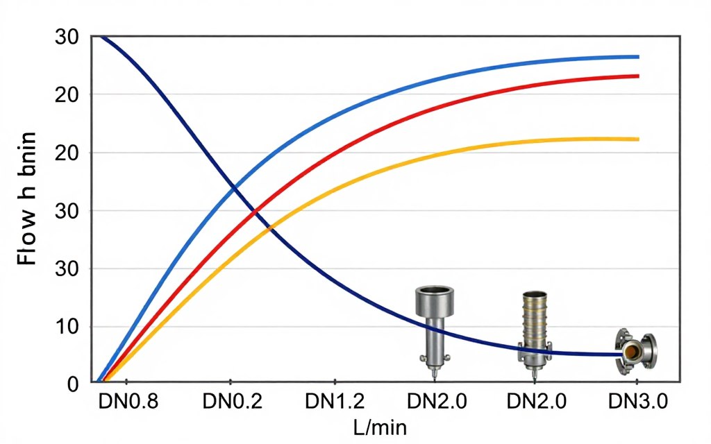 Graphique courbe débit-pression électrovanne différentes orifices