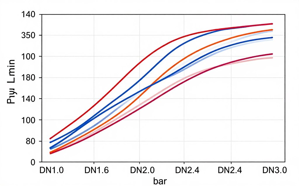 Graphique courbes de débit en fonction de la pression pour différents orifices Graphique courbes de débit en fonction de la pression pour différents orifices