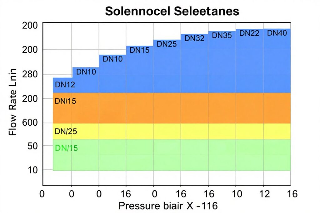 Graphique de sélection d'électrovanne basé sur le débit et la pression montrant différentes zones de diamètres d'orifice recommandés Graphique de sélection d'électrovanne basé sur le débit et la pression montrant différentes zones de diamètres d'orifice recommandés