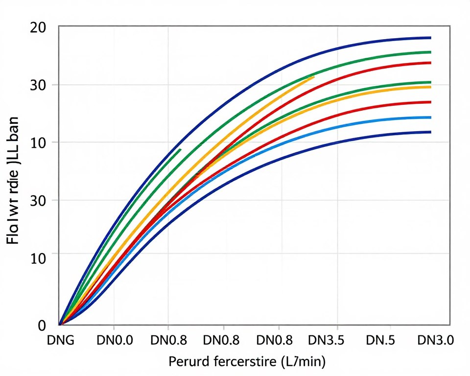 Graphique montrant la courbe de débit en fonction de la pression pour différents orifices de vanne Graphique montrant la courbe de débit en fonction de la pression pour différents orifices de vanne