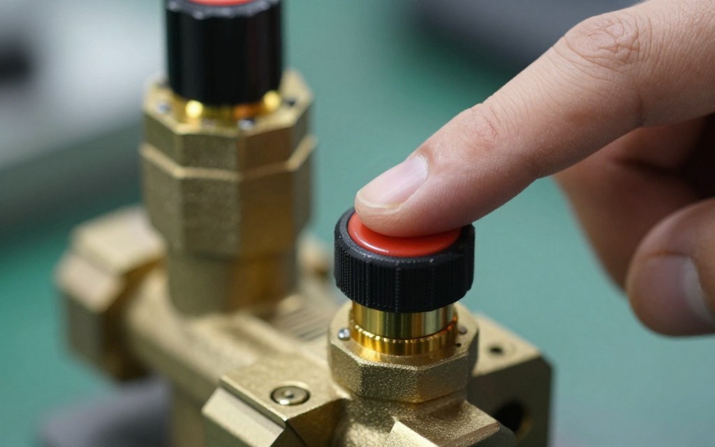 Gros plan test manuel électrovanne avec bouton poussoir Gros plan test manuel électrovanne avec bouton poussoir
