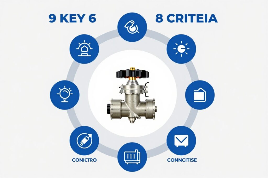 Infographie montrant les 8 critères de sélection d'une vanne électrique avec icônes