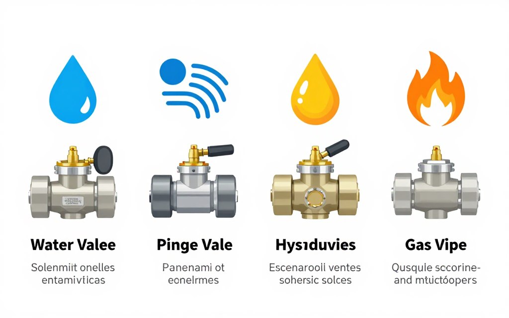 Infographie montrant les quatre types principaux d'électrovannes par fluide avec pictogrammes