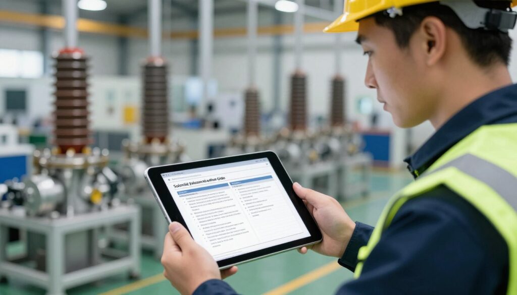 Ingénieur consultant un guide de sélection d'électrovannes 24V sur tablette dans un atelier