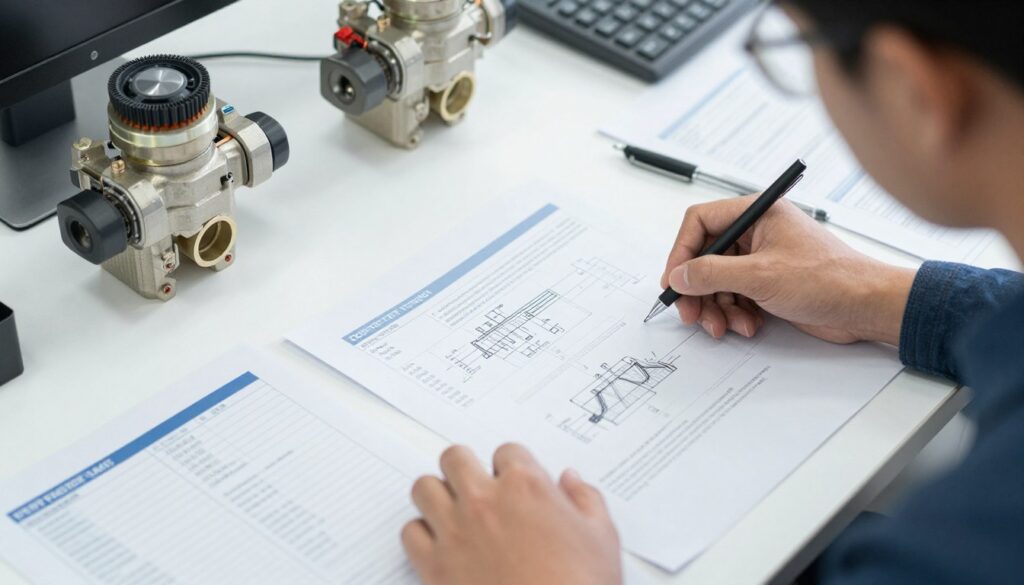 Ingénieur consultant une documentation technique pour sélectionner une électrovanne