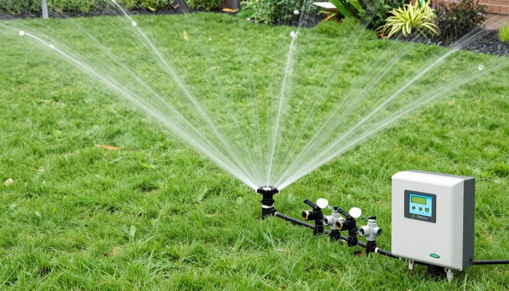 Installation d'arrosage automatique avec électrovannes 24V et programmateur dans jardin professionnel