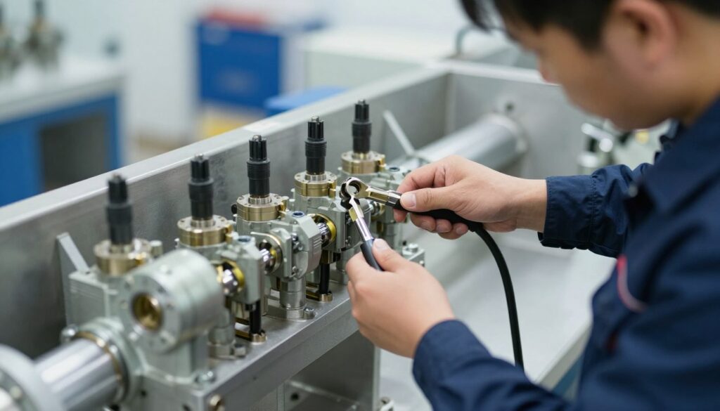 Installation professionnelle d'électrovannes hydrauliques sur un bloc manifold