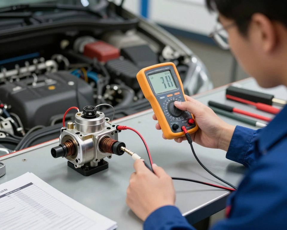 Mécanicien diagnostiquant une électrovanne canister défectueuse avec outil professionnel