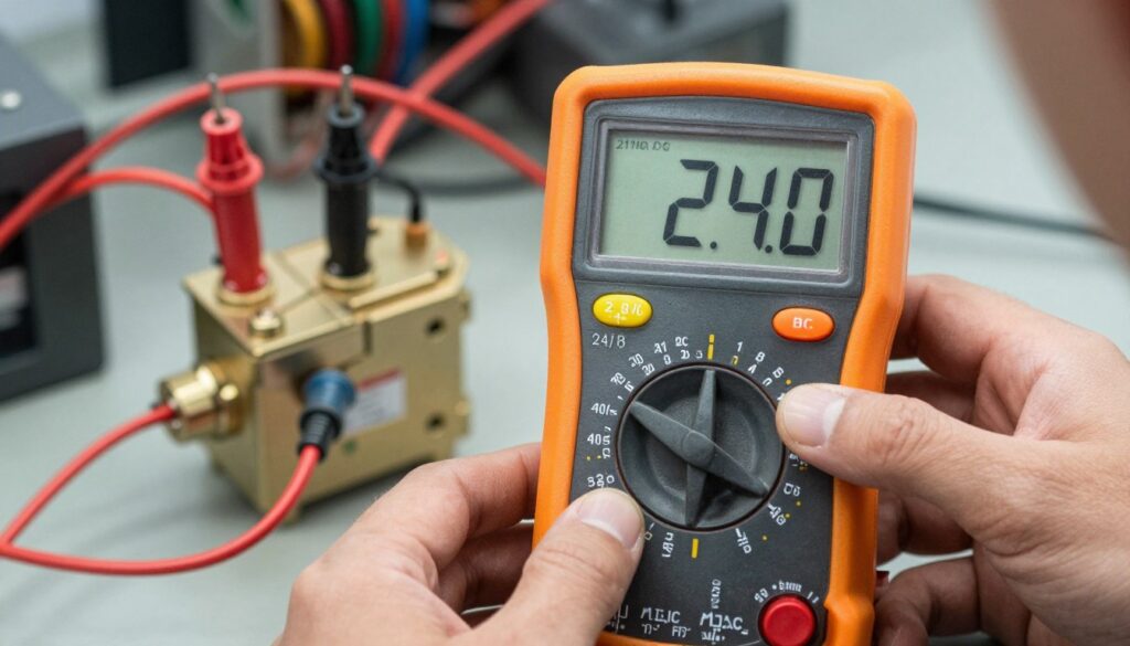 Multimètre mesurant une tension de 24V DC sur une bobine d'électrovanne