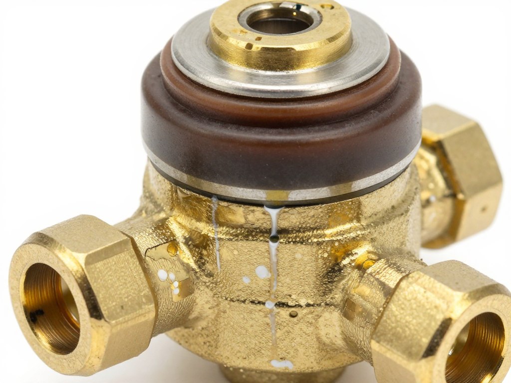 Photo électrovanne défectueuse montrant signes de fuite et corrosion Photo électrovanne défectueuse montrant signes de fuite et corrosion