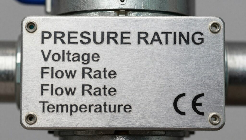 Plaque signalétique d'une électrovanne hydraulique montrant les spécifications techniques