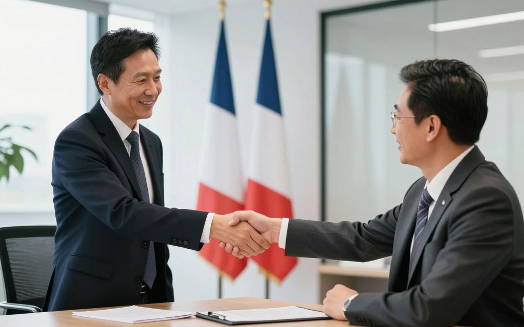 Poignée de main entre représentant MAIKONG et client français, partenariat commercial Poignée de main entre représentant MAIKONG et client français, partenariat commercial