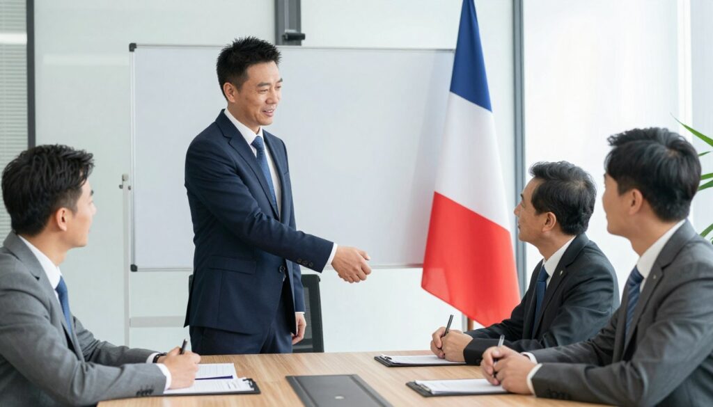 Poignée de main entre représentants MAIKONG et distributeur européen lors signature contrat