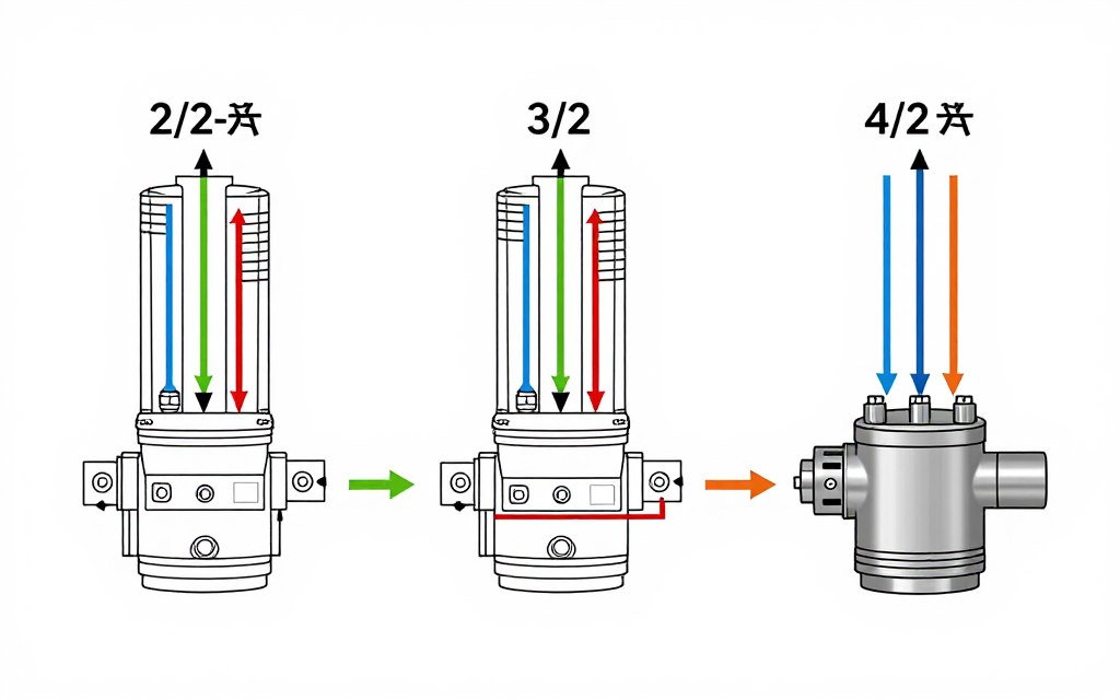 Schéma comparatif des vannes 2/2, 3/2 et 4/2 voies avec trajectoires de flux Schéma comparatif des vannes 2/2, 3/2 et 4/2 voies avec trajectoires de flux