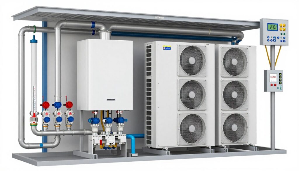 Schéma de système HVAC montrant électrovannes contrôlant circuits chauffage et refroidissement dans bâtiment tertiaire Schéma de système HVAC montrant électrovannes contrôlant circuits chauffage et refroidissement dans bâtiment tertiaire