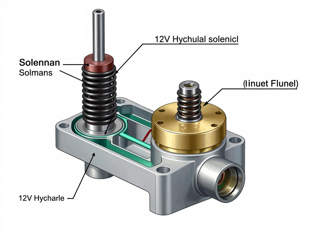 Schéma technique du principe de fonctionnement d'une électrovanne hydraulique 12V