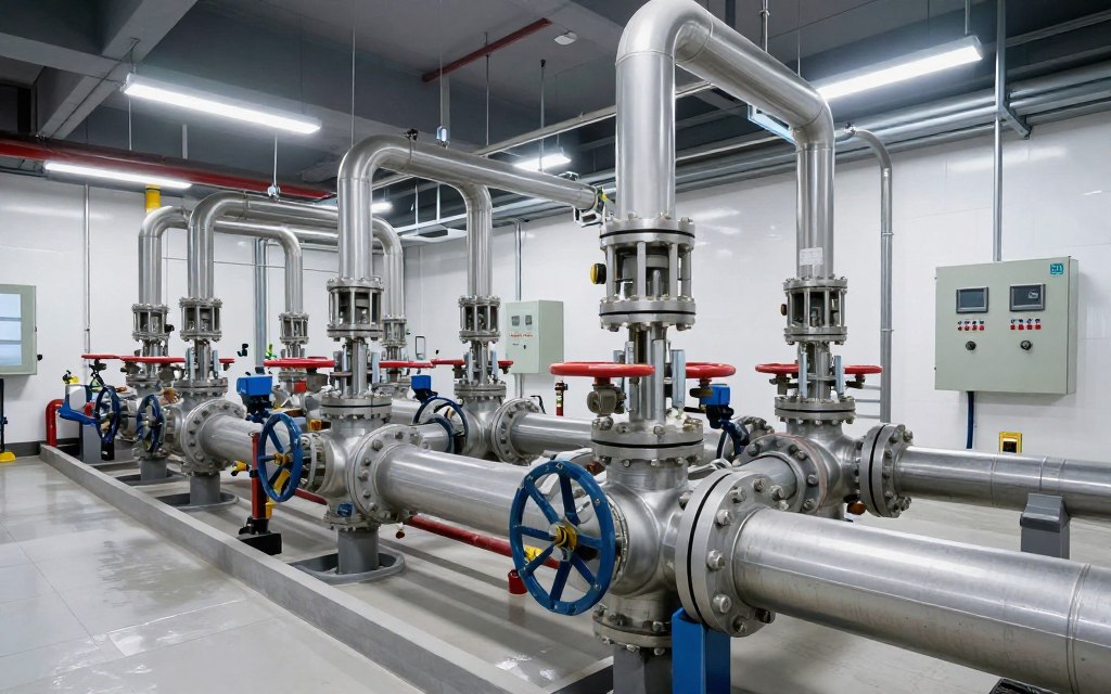 Station de traitement d'eau avec réseau de vannes électriques pour contrôle des process Station de traitement d'eau avec réseau de vannes électriques pour contrôle des process