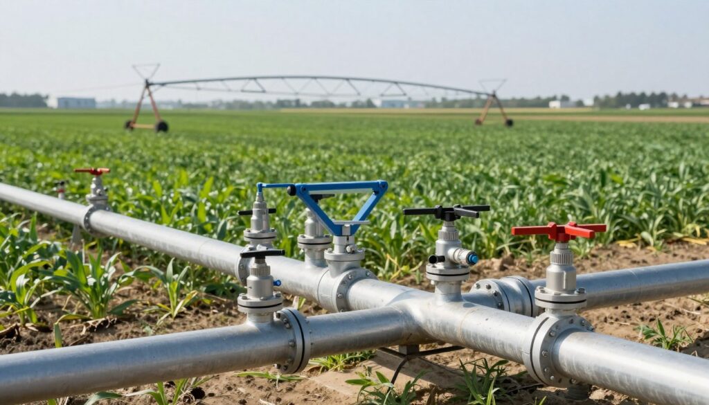 Système d'irrigation agricole automatique avec vannes électriques installées sur réseau de distribution Système d'irrigation agricole automatique avec vannes électriques installées sur réseau de distribution