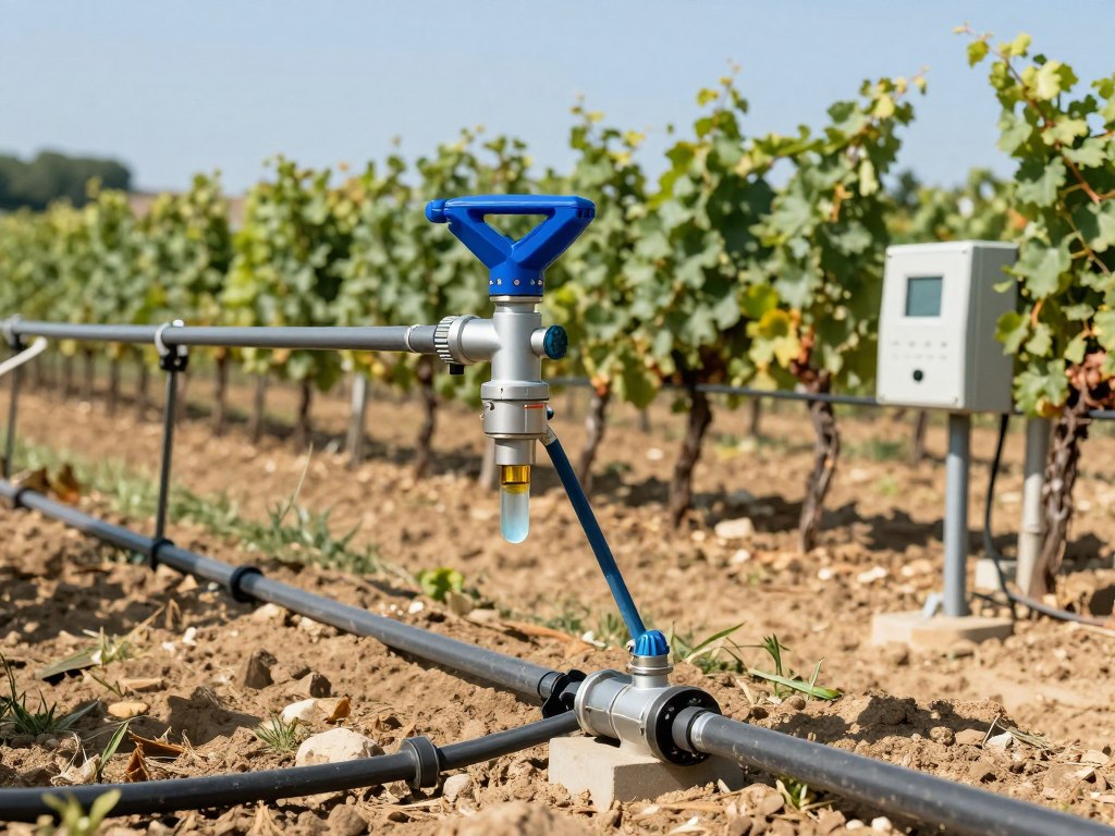 Système d'irrigation goutte-à-goutte avec électrovannes contrôlant différentes zones de vignoble Système d'irrigation goutte-à-goutte avec électrovannes contrôlant différentes zones de vignoble