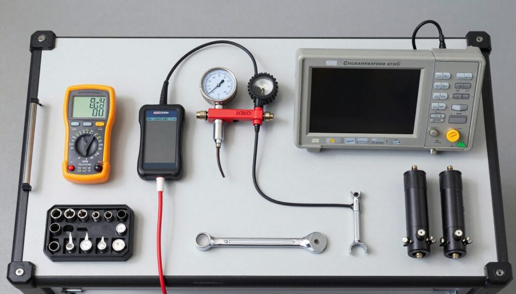 Table de travail avec équipement diagnostic électrovanne multimètre oscilloscope et outils