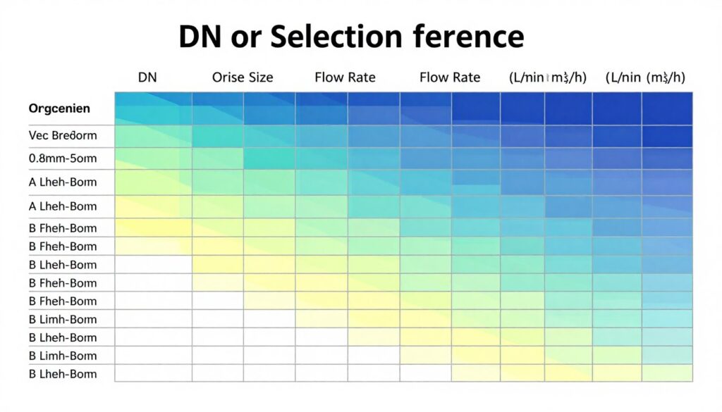 Tableau de sélection rapide montrant orifice DN en fonction du débit souhaité Tableau de sélection rapide montrant orifice DN en fonction du débit souhaité