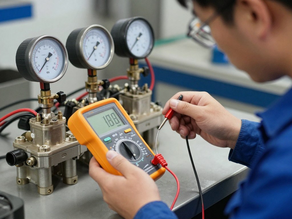 Technicien effectuant des tests de diagnostic sur une électrovanne hydraulique