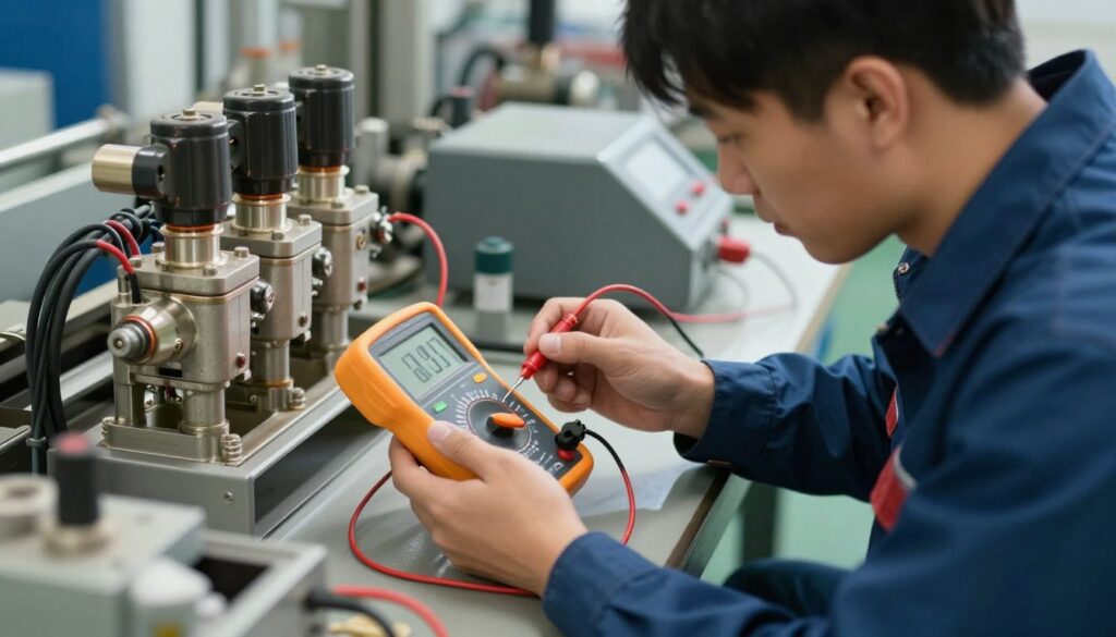 Technicien effectuant diagnostic électrovanne avec multimètre Technicien effectuant diagnostic électrovanne avec multimètre