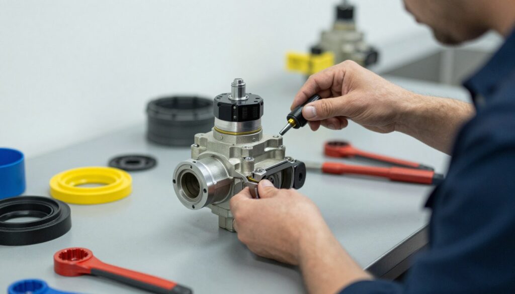 Technicien effectuant la maintenance d'une électrovanne hydraulique
