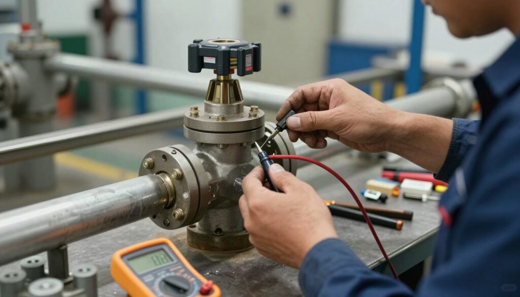 Technicien effectuant maintenance électrovanne avec kit outils Technicien effectuant maintenance électrovanne avec kit outils