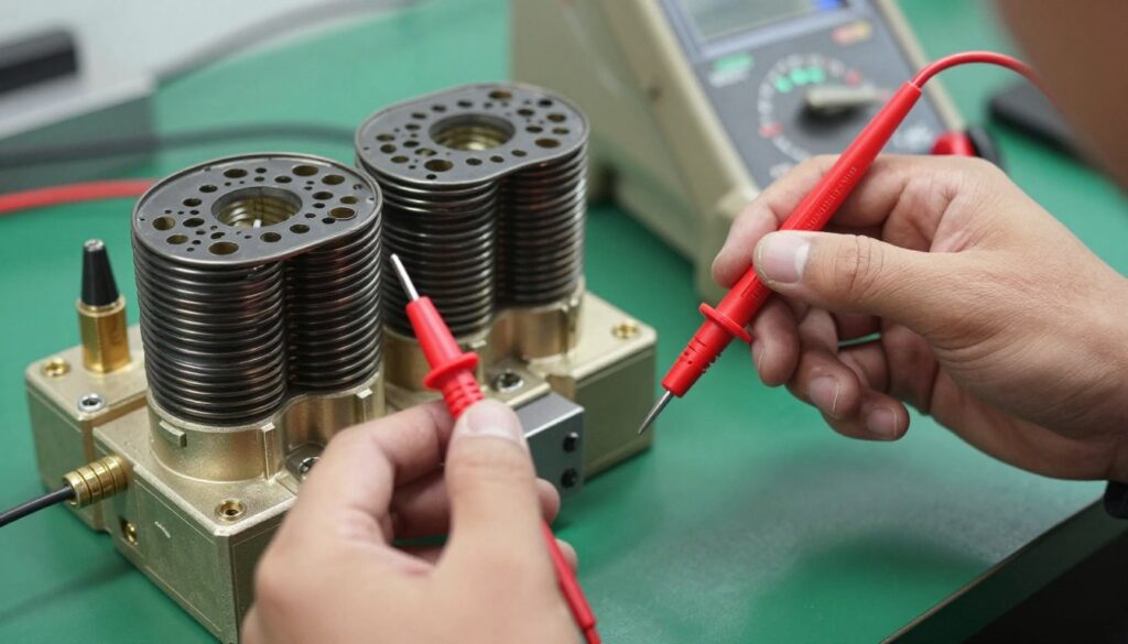 Technicien effectuant test multimètre sur bobine électrovanne