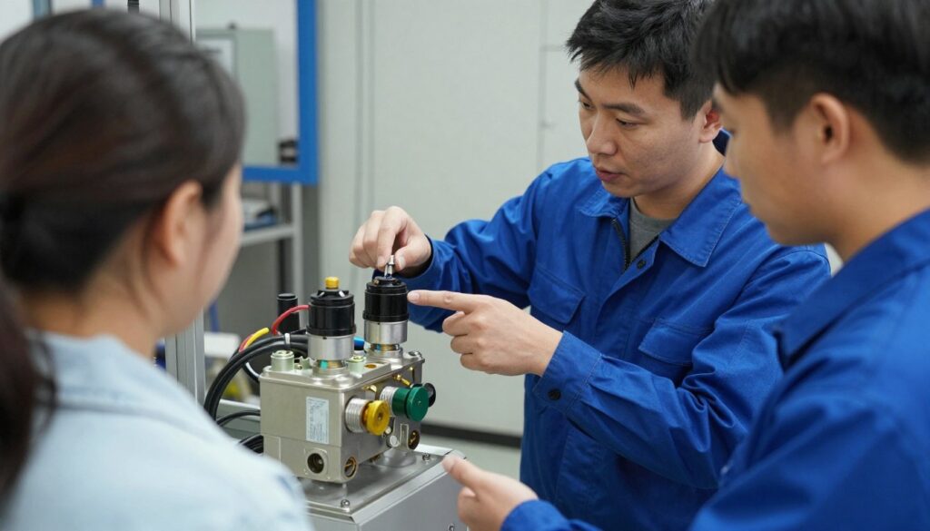 Technicien expliquant le fonctionnement d'une électrovanne 24V à un client